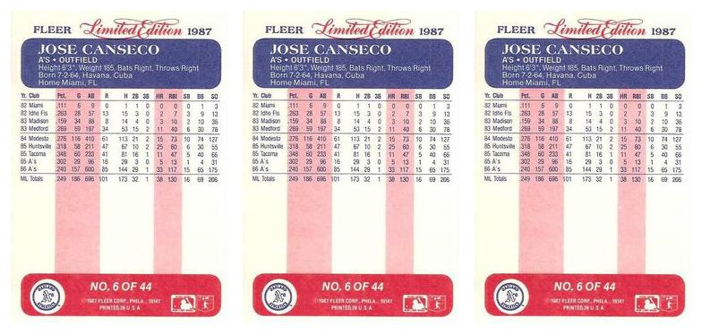 (3) 1987 Fleer Limited Edition Baseball #6 Jose Canseco Lot Oakland Athletics
