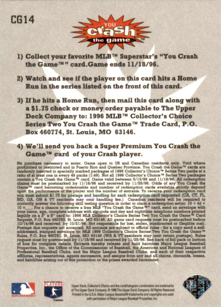 1996 Collector's Choice You Crash the Game #CG14 Dante Bichette Rockies