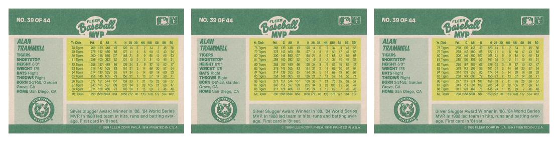 (3) 1989 Fleer Baseball MVP's Baseball #39 Alan Trammell Lot Detroit Tigers