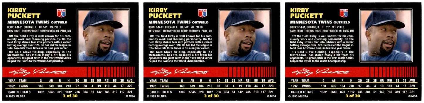 (3) 1993 Post Cereal Baseball #3 Kirby Puckett Twins Baseball Card Lot