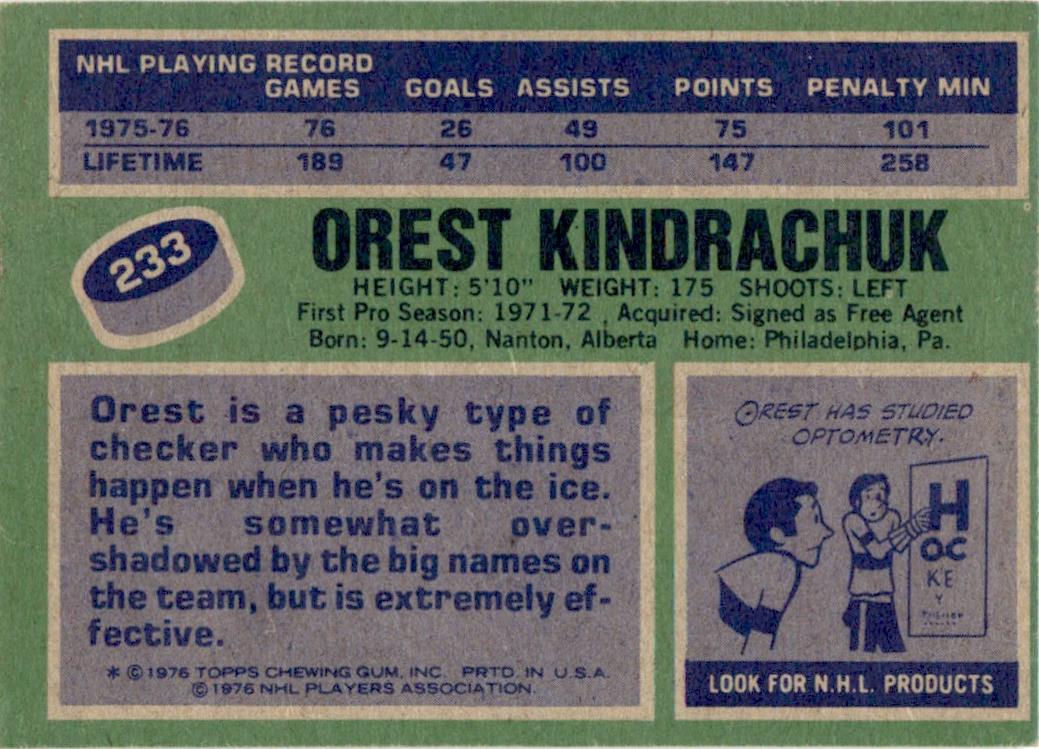 1976 Topps #233 Orest Kindrachuk Philadelphia Flyers EX