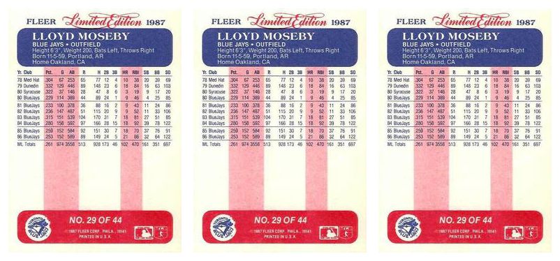 (3) 1987 Fleer Limited Edition Baseball #29 Lloyd Moseby Lot Toronto Blue Jays