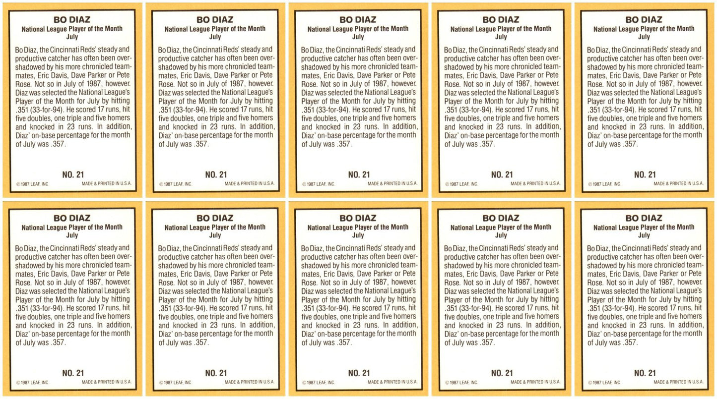 (10) 1987 Donruss Highlights #21 Bo Diaz Cincinnati Reds Card Lot