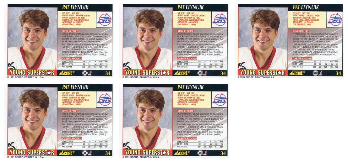 (5) 1991-92 Score Young Superstars Hockey #34 Pat Elynuik Card Lot Jets