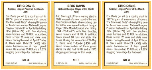 (3) 1987 Donruss Highlights #3 Eric Davis Cincinnati Reds Card Lot