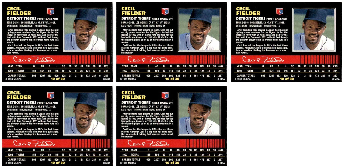(5) 1993 Post Cereal Baseball #10 Cecil Fielder Tigers Baseball Card Lot