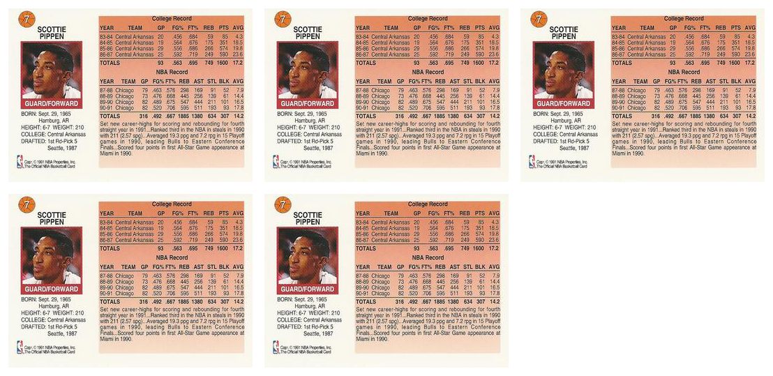 (5) 1991-92 Hoops McDonald's Basketball #7 Scottie Pippen Lot Chicago Bulls