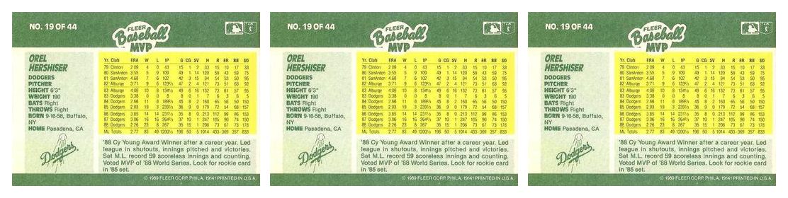 (3) 1989 Fleer Baseball MVP's Baseball #19 Orel Hershiser Lot Dodgers