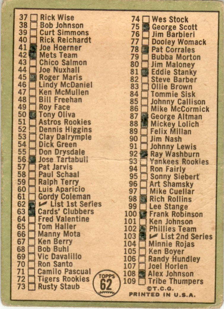 1967 Topps #62 Checklist 1-109 - Frank Robinson Baltimore Orioles GD