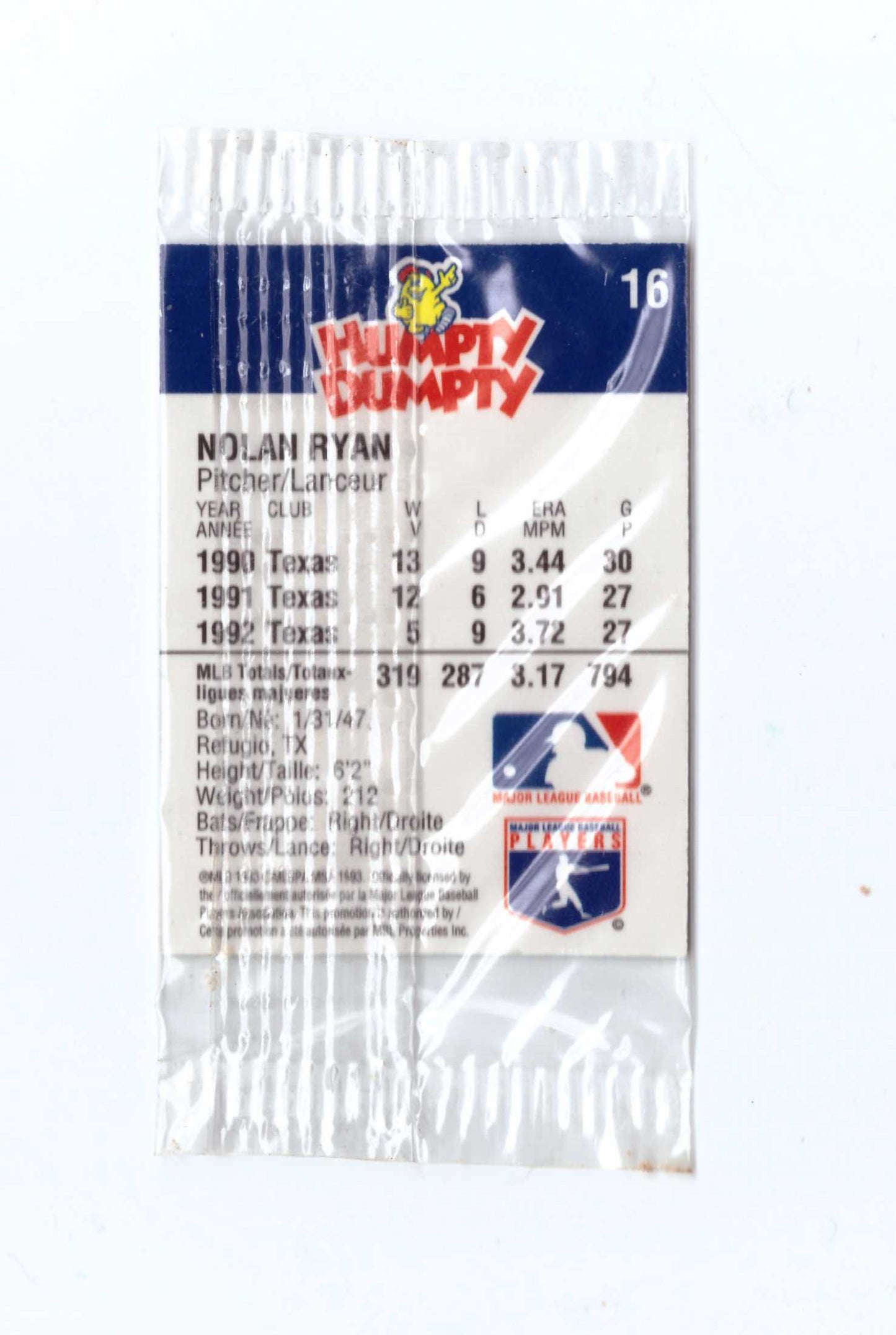 1993 Humpty Dumpty Canadian #16 Nolan Ryan Texas Rangers Sealed