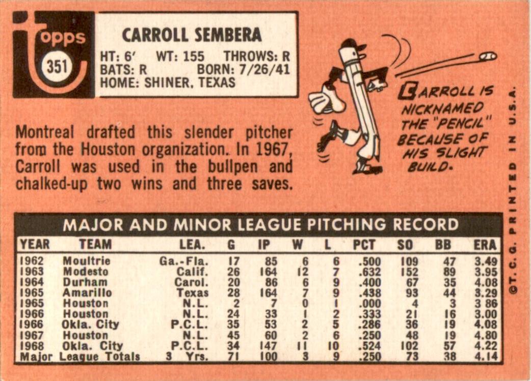 1969 Topps #351 Carroll Sembera Montreal Expos EX