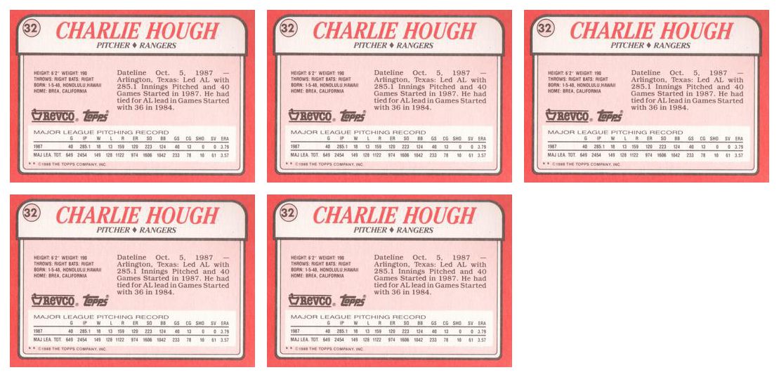 (5) 1988 Topps Revco League Leaders Baseball #32 Charlie Hough Lot Rangers