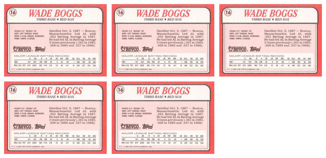 (5) 1988 Topps Revco League Leaders Baseball #16 Wade Boggs Lot Red Sox