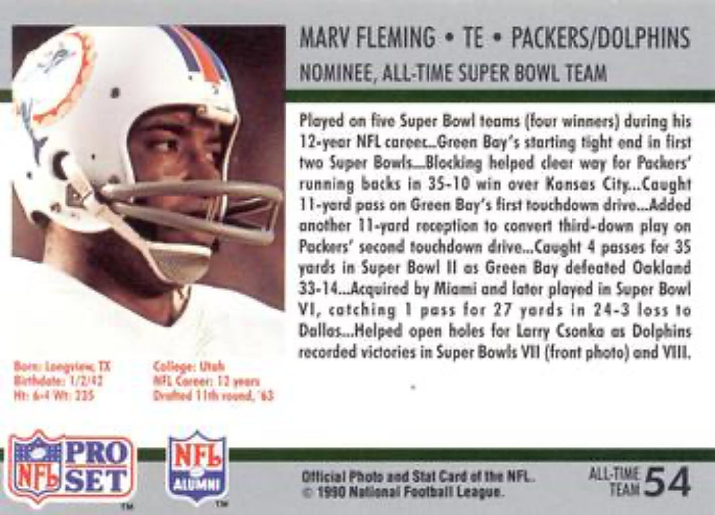 1990-91 Pro Set Super Bowl 160 Football 54 Marv Fleming