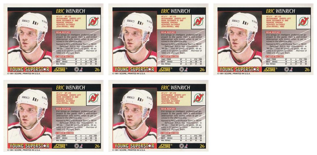 (5) 1991-92 Score Young Superstars Hockey #26 Eric Weinrich Card Lot Devils
