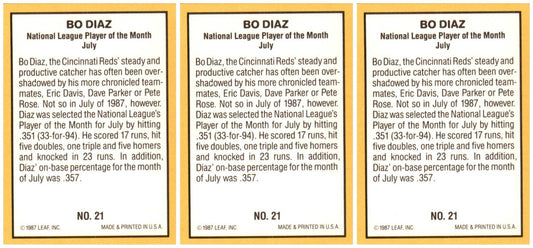 (3) 1987 Donruss Highlights #21 Bo Diaz Cincinnati Reds Card Lot