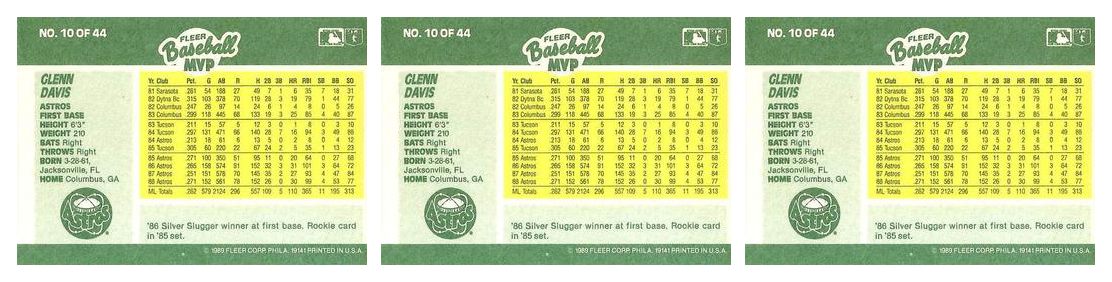 (3) 1989 Fleer Baseball MVP's Baseball #10 Glenn Davis Lot Houston Astros