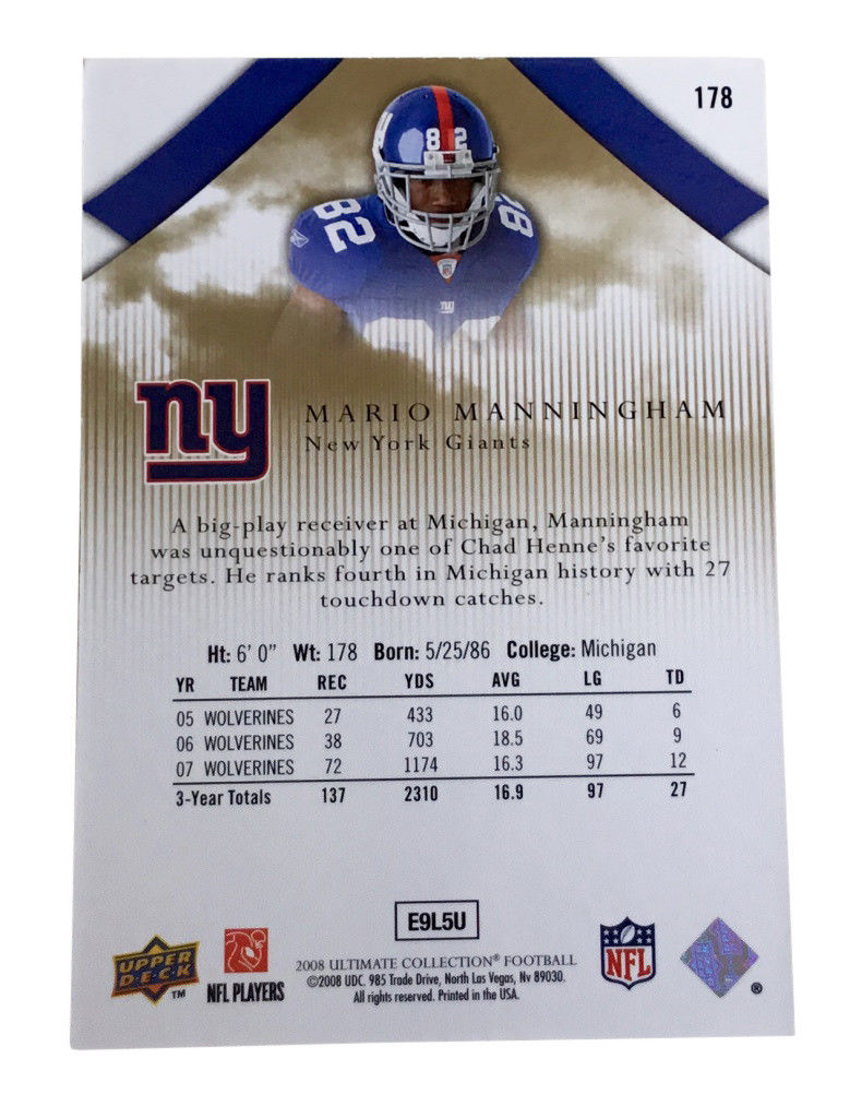 2008 Upper Deck Ultimate Collection #178 Mario Manningham RC Giants /275