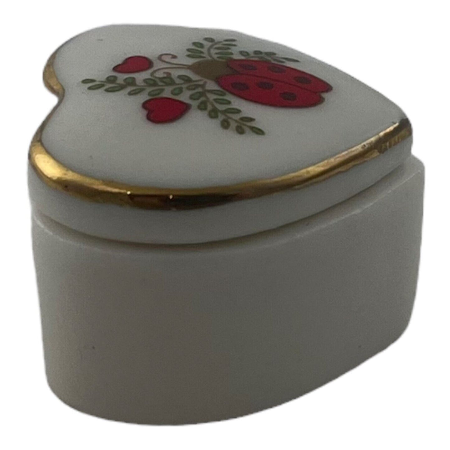 Ladybug 1 Inch Vintage Porcelain Heart Shaped Trinket Box Lucky in Love Enesco