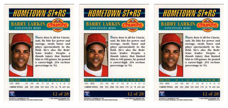 (3) 1994 Pinnacle Church's Hometown Stars #12 Barry Larkin Lot Cincinnati Reds