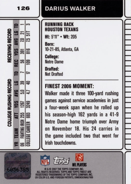 2007 Finest Rookie Autographs #126 Darius Walker Houston Texans