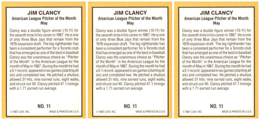 (3) 1987 Donruss Highlights #11 Jim Clancy Toronto Blue Jays Card Lot