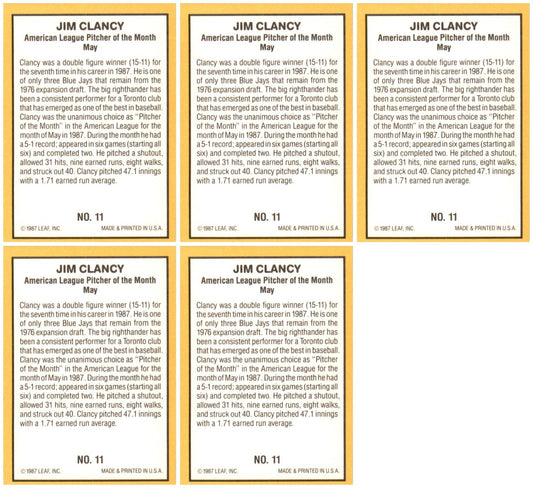 (5) 1987 Donruss Highlights #11 Jim Clancy Toronto Blue Jays Card Lot