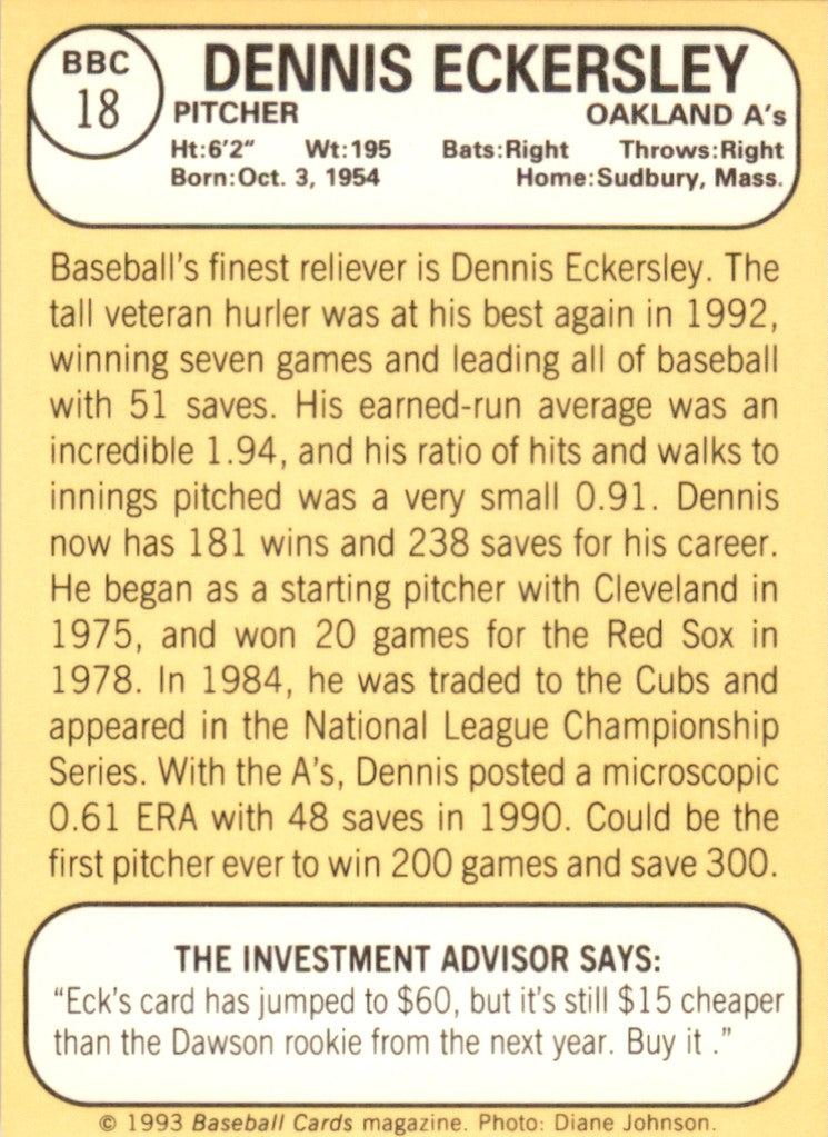 1993 Baseball Card Magazine '68 Topps Replicas # BBC18 Dennis Eckersley