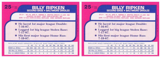 (2) 1988 Topps Toys R' Us Rookies Baseball 25 Billy Ripken Lot Orioles