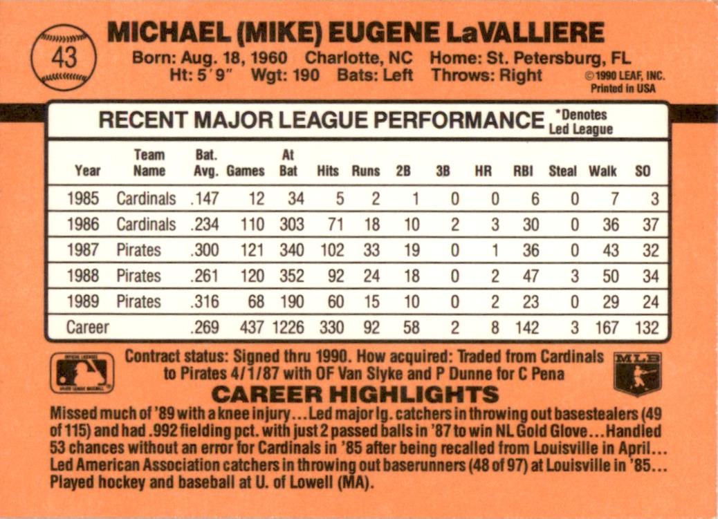 1990 Donruss Learning Series #43 Mike LaValliere Pittsburgh Pirates