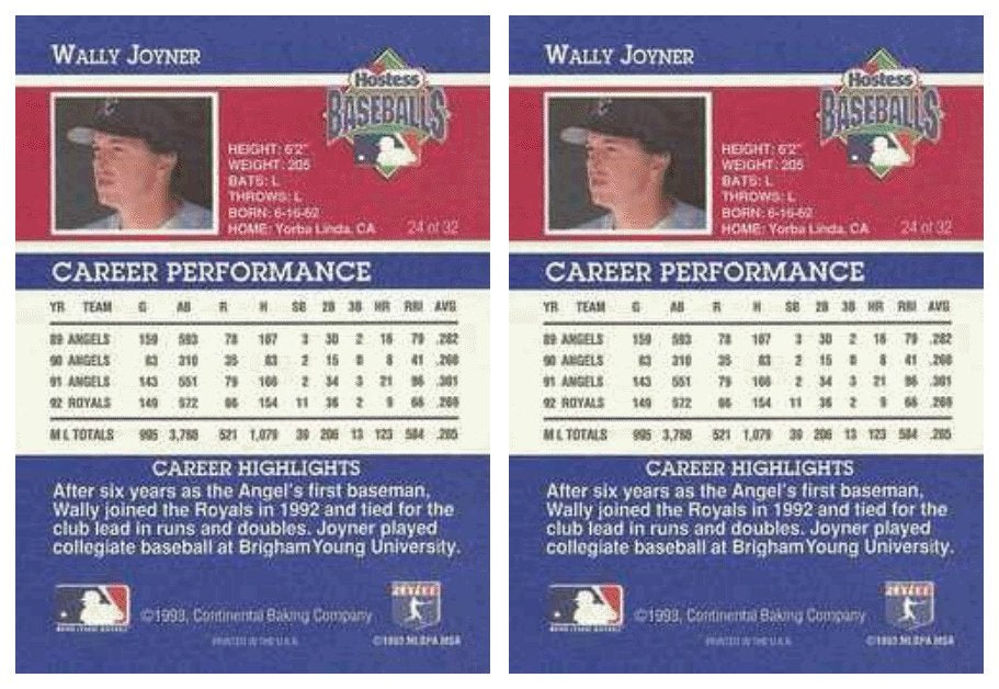 (2) 1993 Hostess Baseball #24 Wally Joyner Baseball Card Lot Royals