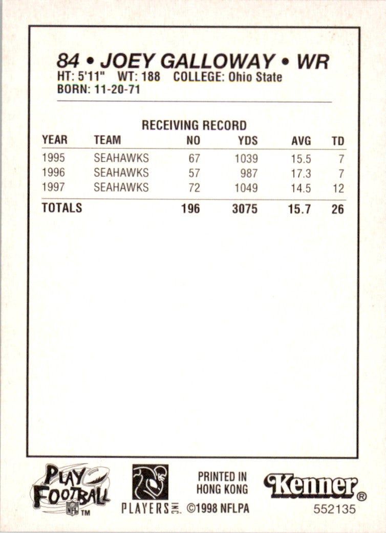 1998 Kenner Starting Lineup Card Joey Galloway Seattle Seahawks