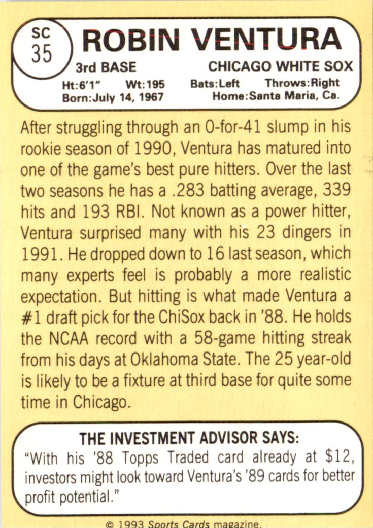 1993 Baseball Card Magazine '68 Topps Replicas #SC35 Robin Ventura White Sox