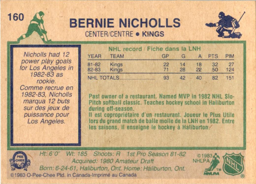 1983 O-Pee-Chee #160 Bernie Nicholls RC Los Angeles Kings EX-MT
