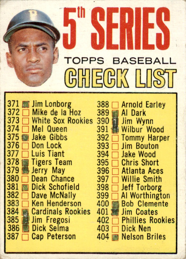 1967 Topps #361 Checklist 371-457 - Roberto Clemente Pittsburgh Pirates FR