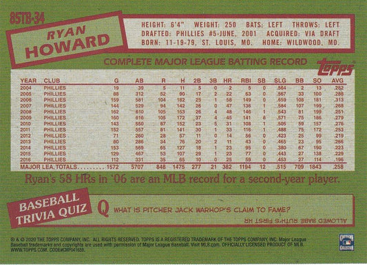 2020 Topps Update 1985 35th Anniversary #85TB-34 Ryan Howard Phillies