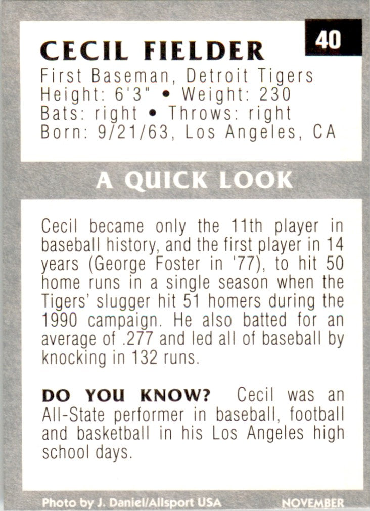 1991 Tuff Stuff Jr. #40 Cecil Fielder Detroit Tigers