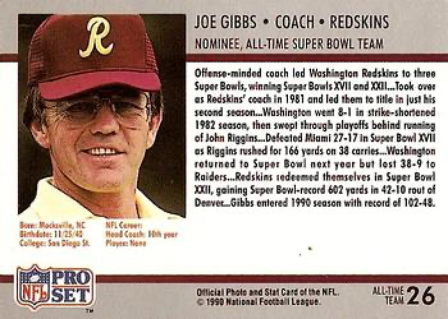 1990-91 Pro Set Super Bowl 160 Football 26 Joe Gibbs CO