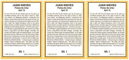(3) 1987 Donruss Highlights #1 Juan Nieves Milwaukee Brewers Card Lot