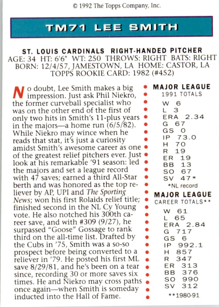 1992 Topps Magazine # TM71 Lee Smith St. Louis Cardinals