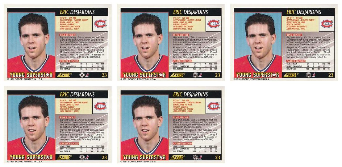 (5) 1991-92 Score Young Superstars Hockey #23 Eric Desjardins Card Lot Canadiens