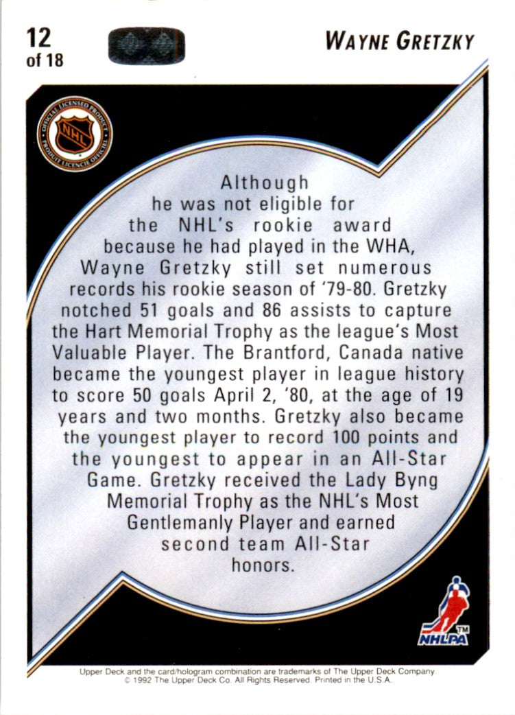 1992 Upper Deck Hockey Heroes Wayne Gretzky #12 Wayne Gretzky Oilers