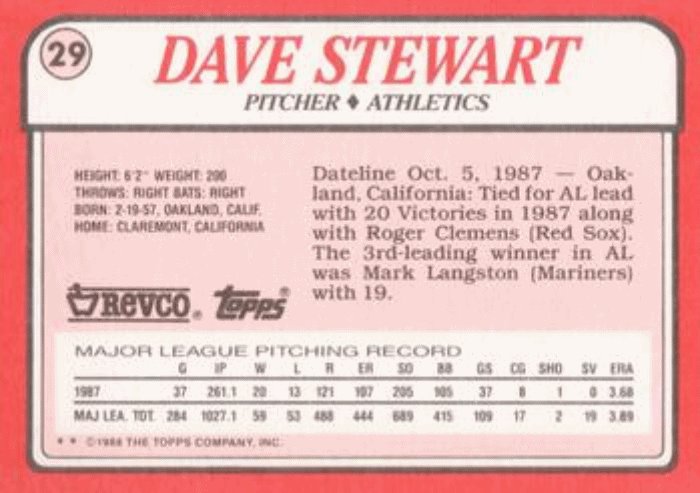1988 Topps Revco League Leaders Baseball 29 Dave Stewart