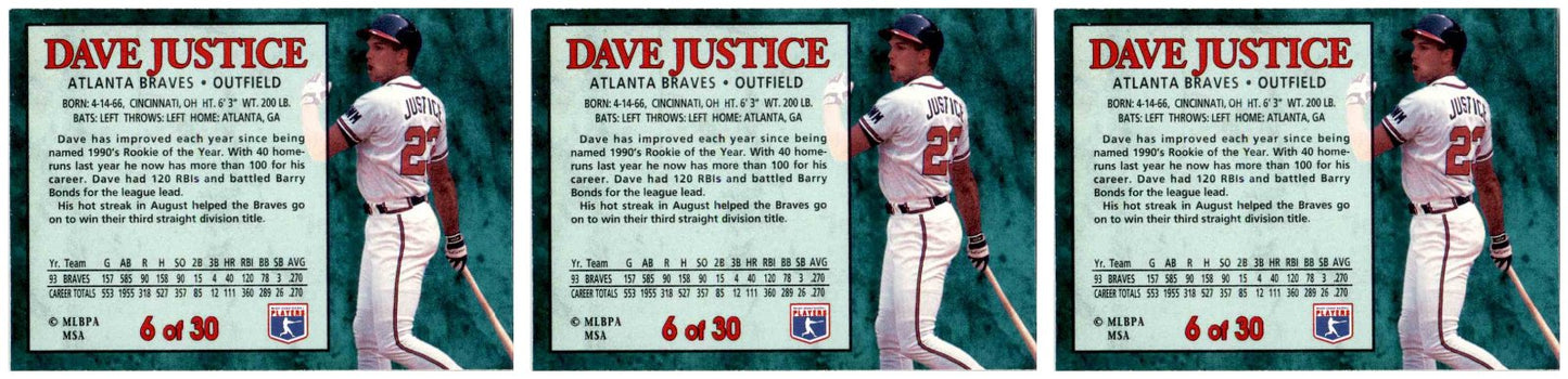 (3) 1994 Post Cereal Baseball #6 David Justice Braves Baseball Card Lot