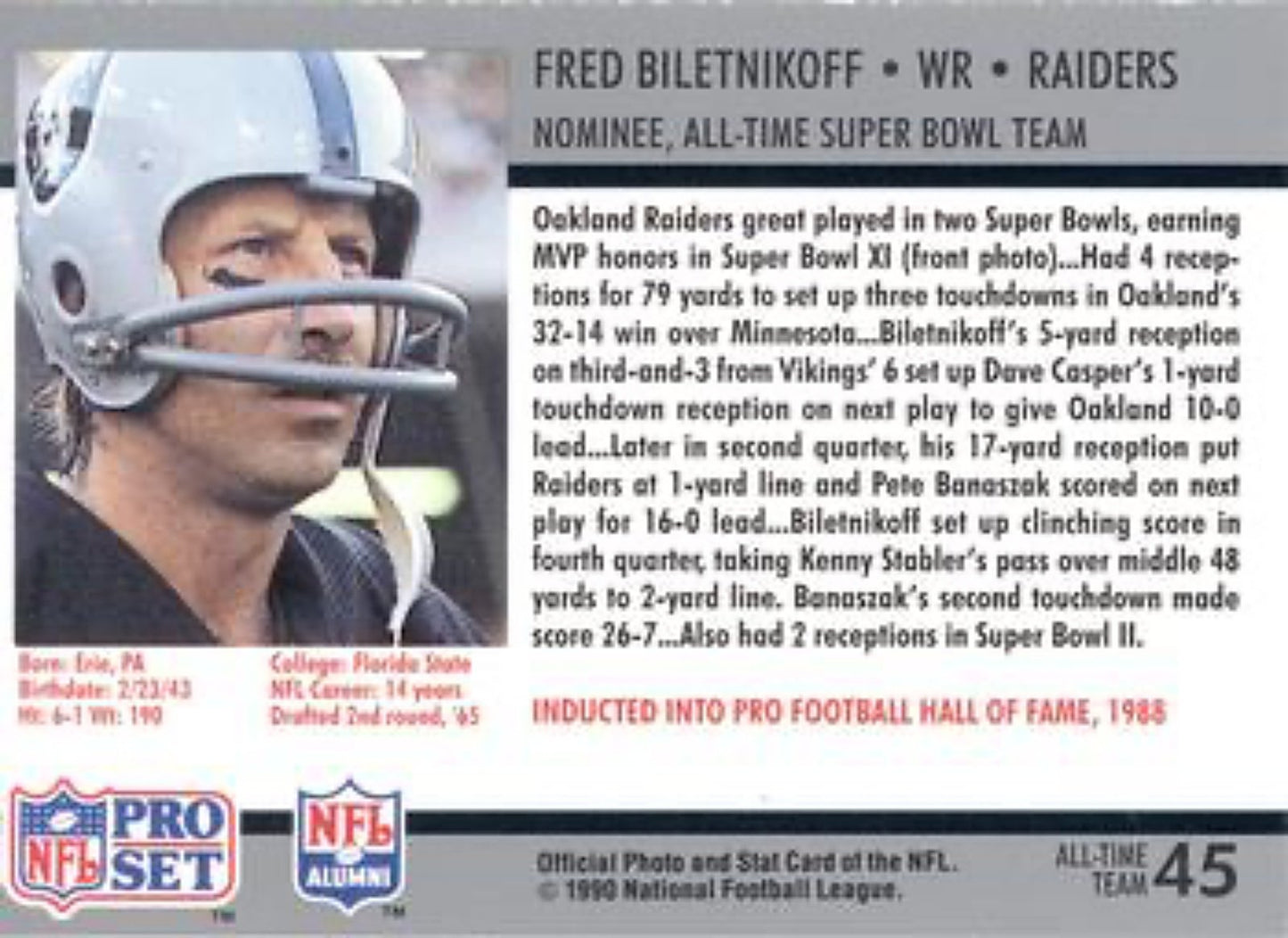 1990-91 Pro Set Super Bowl 160 Football 45 Fred Biletnikoff