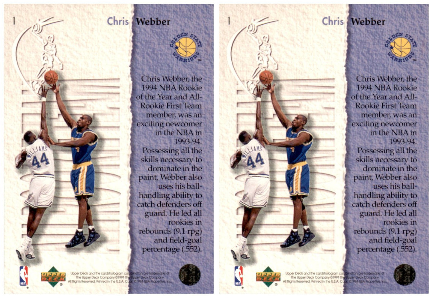 (2) 1994 Upper Deck All Rookie Team #1 Chris Webber Warriors Card Lot