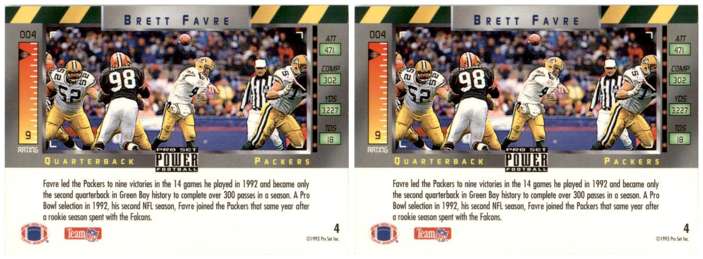 (2) 1993 Pro Set Power #4 Brett Favre Green Bay Packers Card Lot