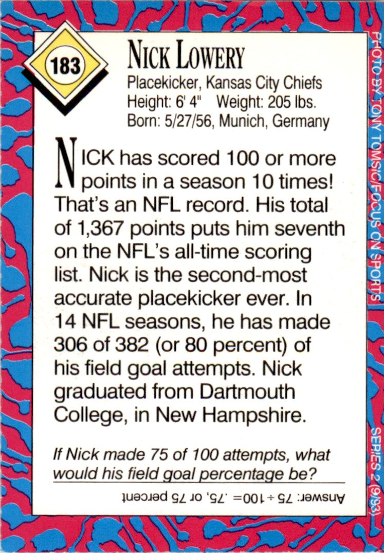 1993 Sports Illustrated for Kids #183 Nick Lowery Kansas City Chiefs