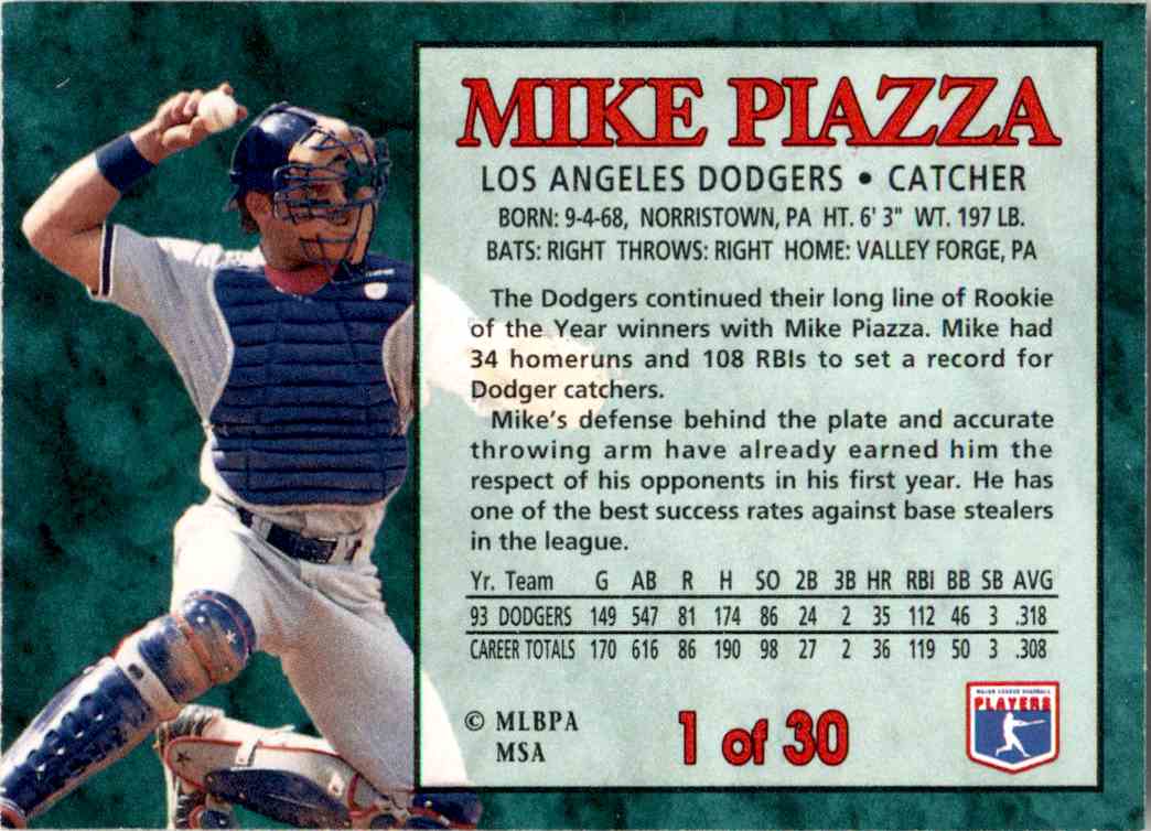1994 Post Cereal Baseball #1 Mike Piazza Los Angeles Dodgers