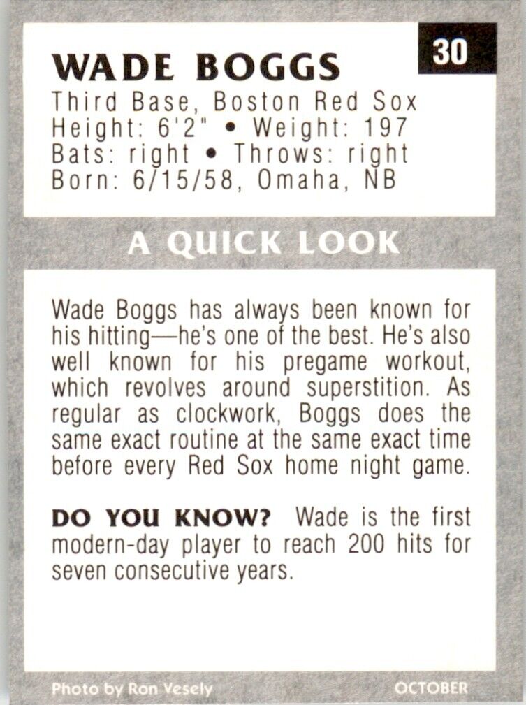 1991 Tuff Stuff Jr. #30 Wade Boggs Boston Red Sox